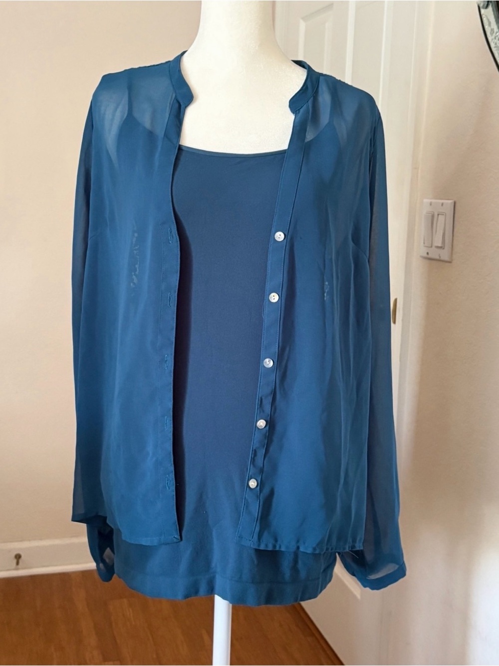Womens Teal Sheer Button Shirt with Tank